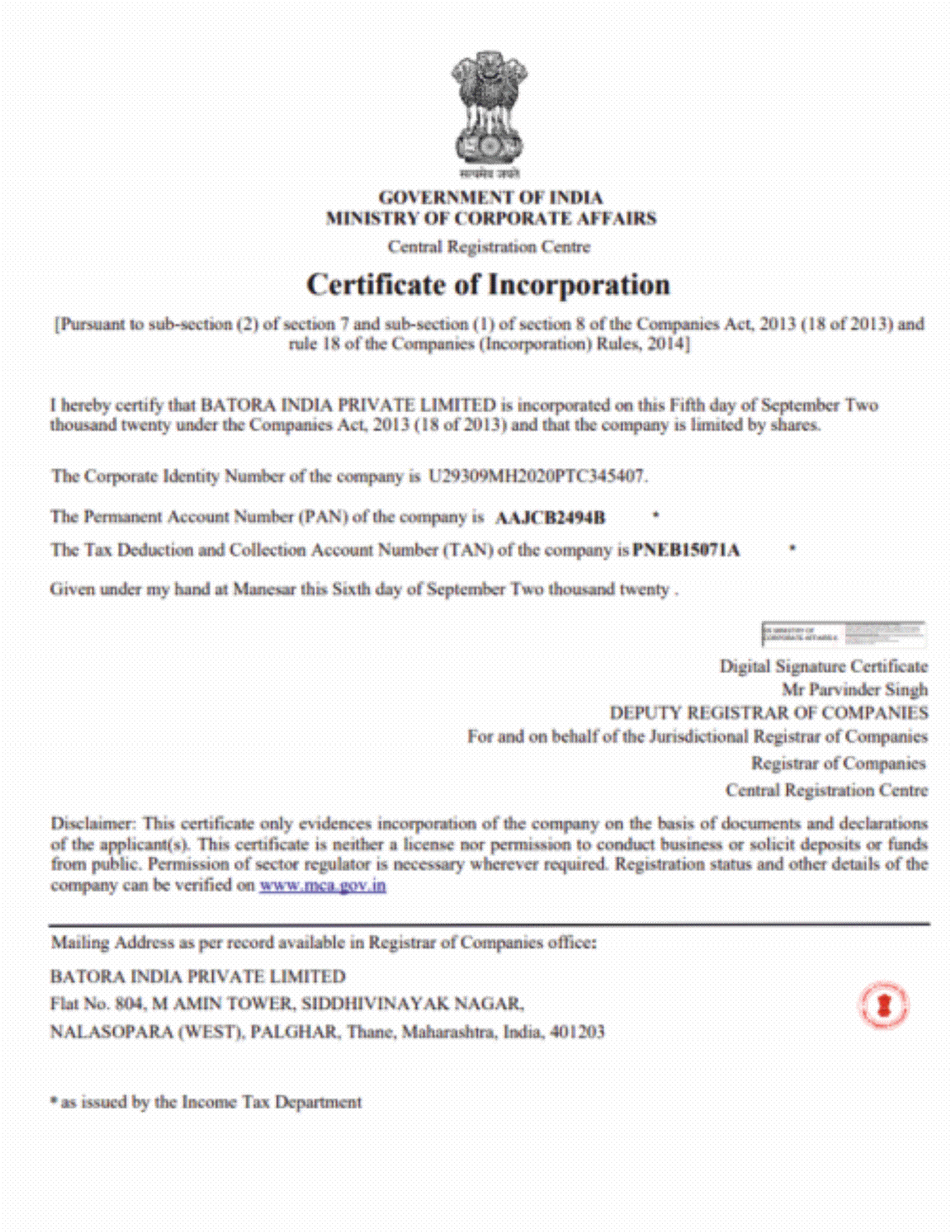 Incorporation Certificate